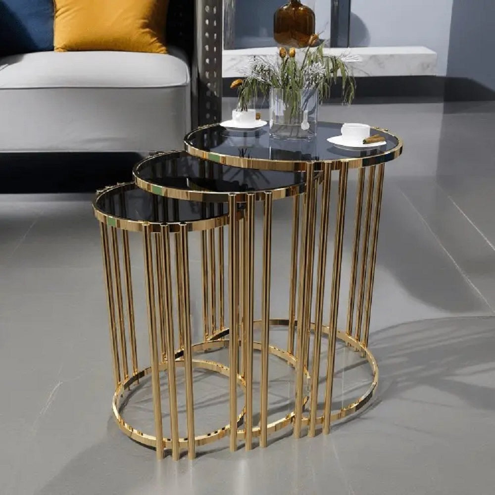 طقم ترابيزات جانبية متداخلة ستيل بسطح زجاج، 3 قطع