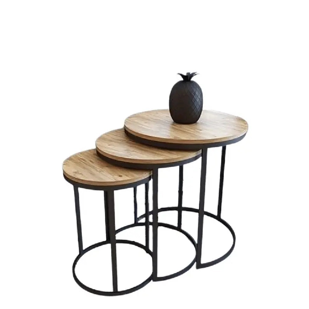 طقم ترابيزات جانبية متداخلة معدن بسطح خشب، 3 قطع