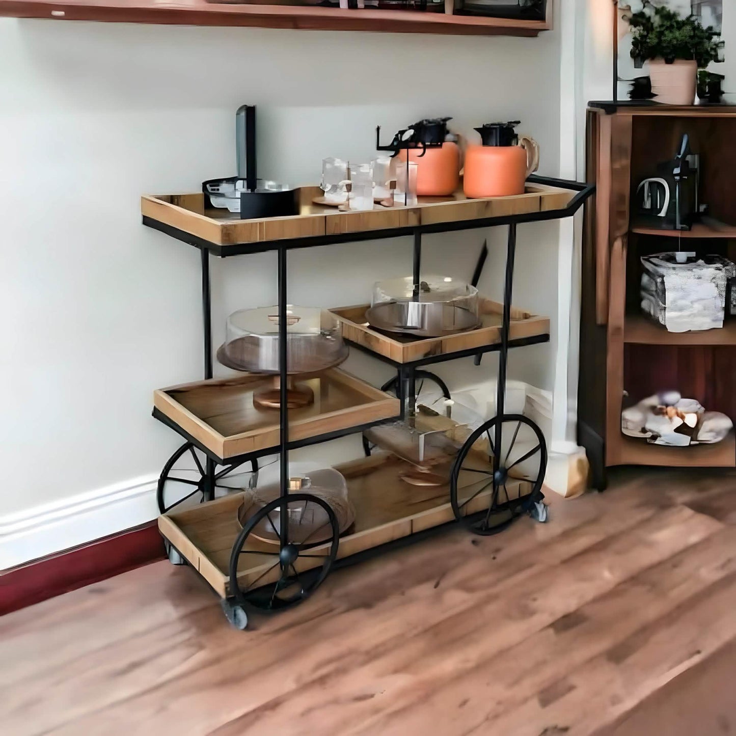 ترابيزة تقديم متحركة ستيل وام دي اف، 80*40*85 سم - خشبي