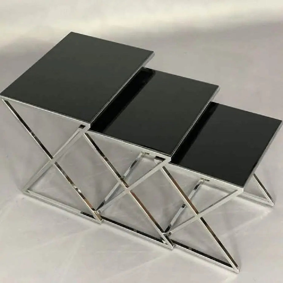 طقم ترابيزات جانبية متداخلة ستيل بسطح زجاج، 3 قطع