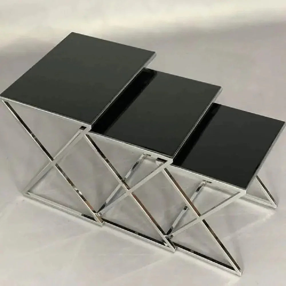 طقم ترابيزات جانبية متداخلة ستيل بسطح زجاج، 3 قطع