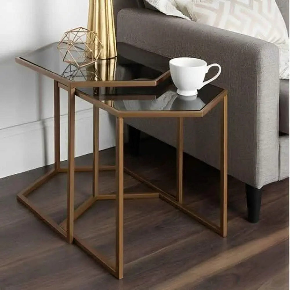 طقم ترابيزات جانبية معدن بسطح زجاج، قطعتين