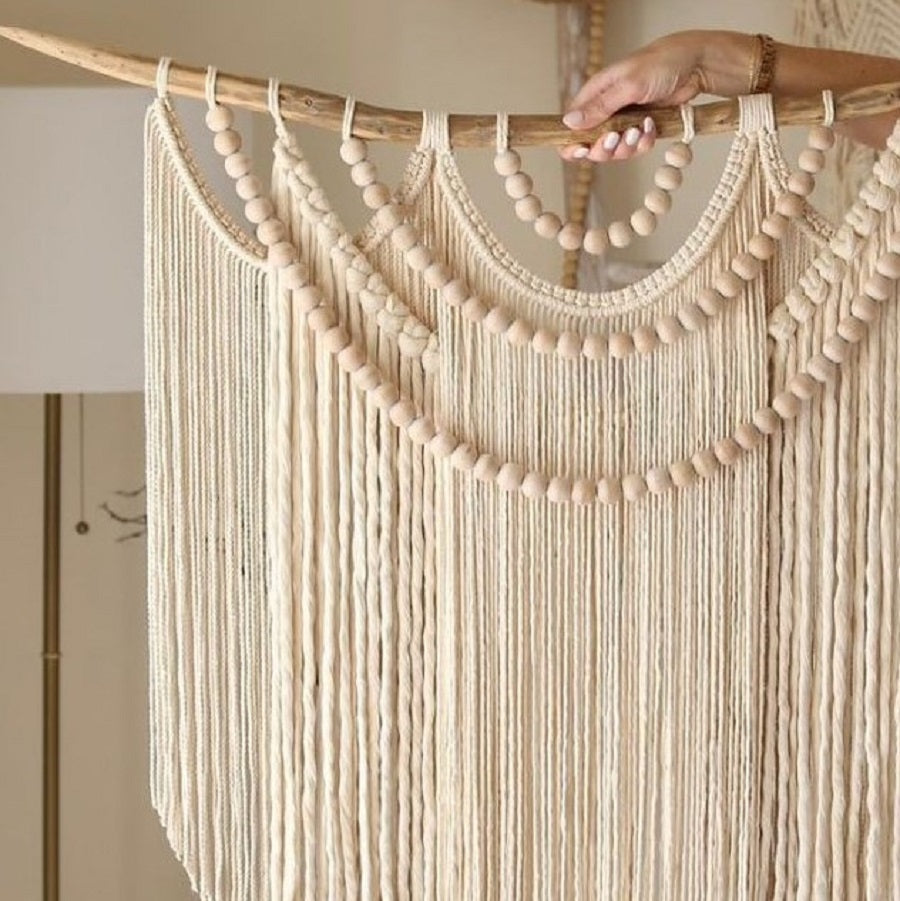 مكرمية حائط قطن وخشب طبيعي، 80*80 سم