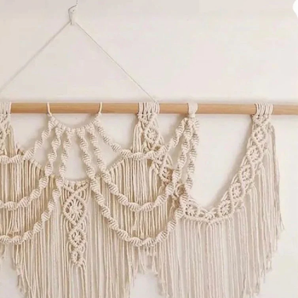 مكرمية حائط قطن وخشب طبيعي، 100*60 سم