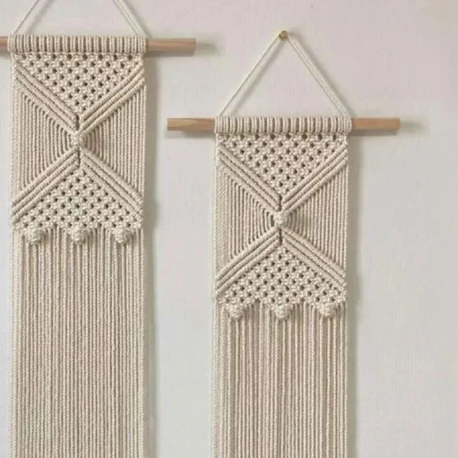 طقم مكرمية حائط قطن وخشب طبيعي، قطعتين