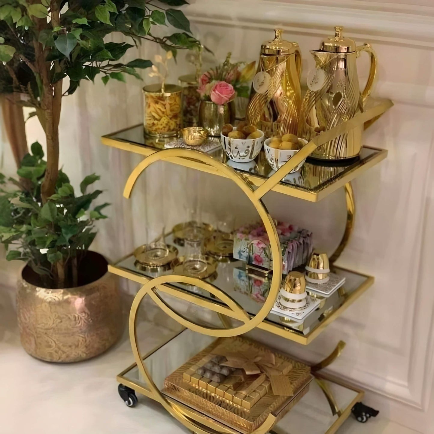 ترابيزة جانبية متحركة ستيل بسطح زجاج، 80*40*75 سم