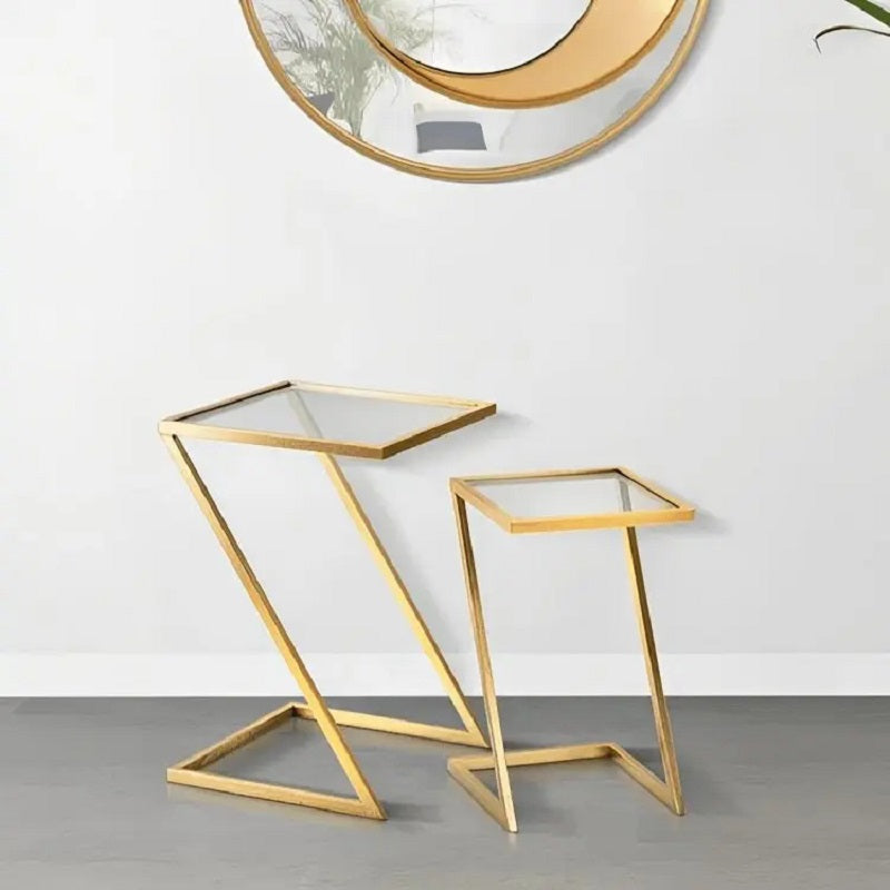 طقم ترابيزات جانبية متداخلة معدن بسطح زجاج، قطعتين