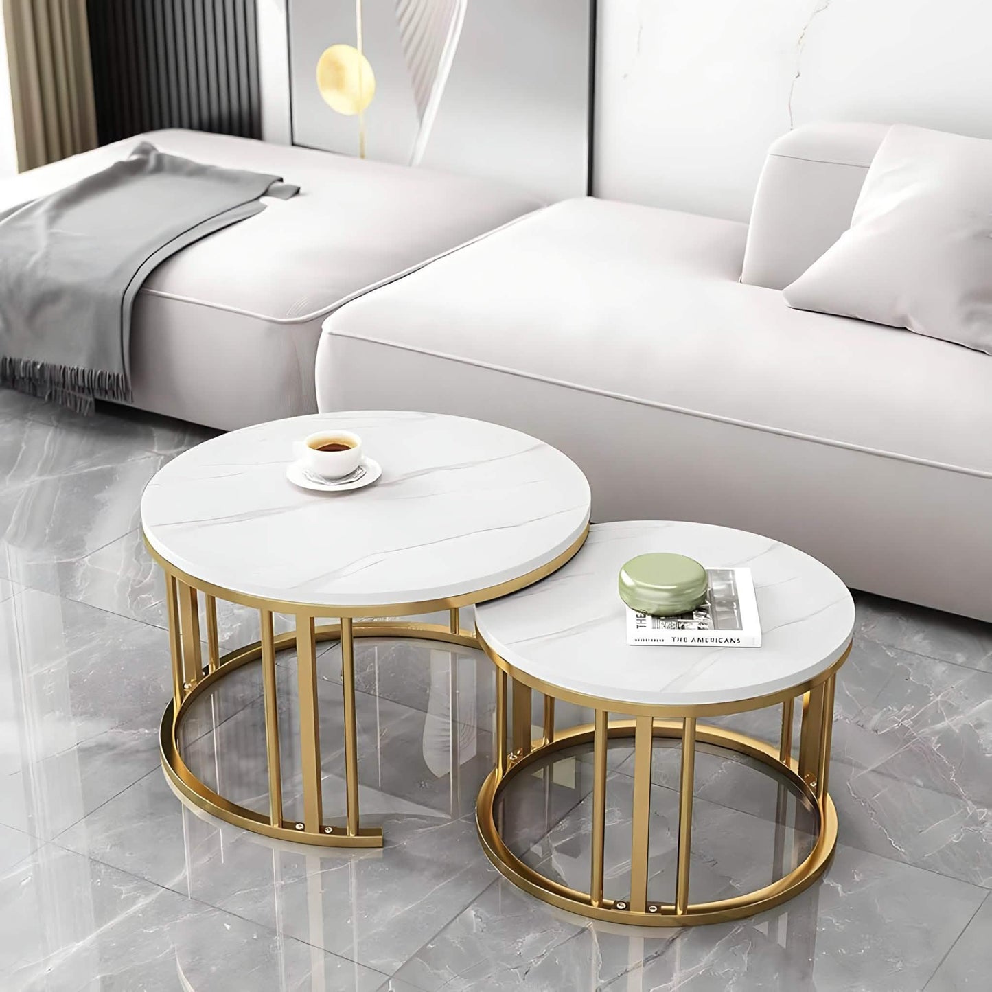 طقم ترابيزات قهوة متداخلة ستيل بسطح رخام، قطعتين