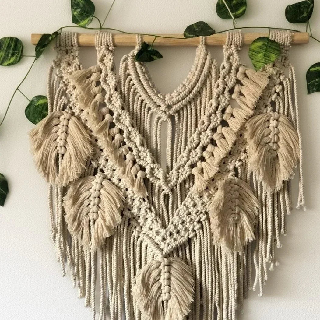 مكرمية حائط خشب طبيعي وقطن، 60*80 سم