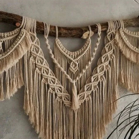 مكرمية حائط خشب طبيعي وقطن، 100*60 سم