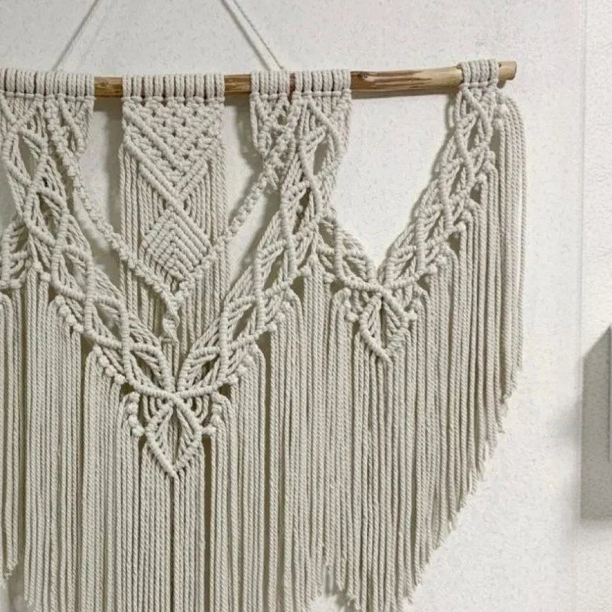 مكرمية حائط قطن وخشب طبيعي، 100*100 سم