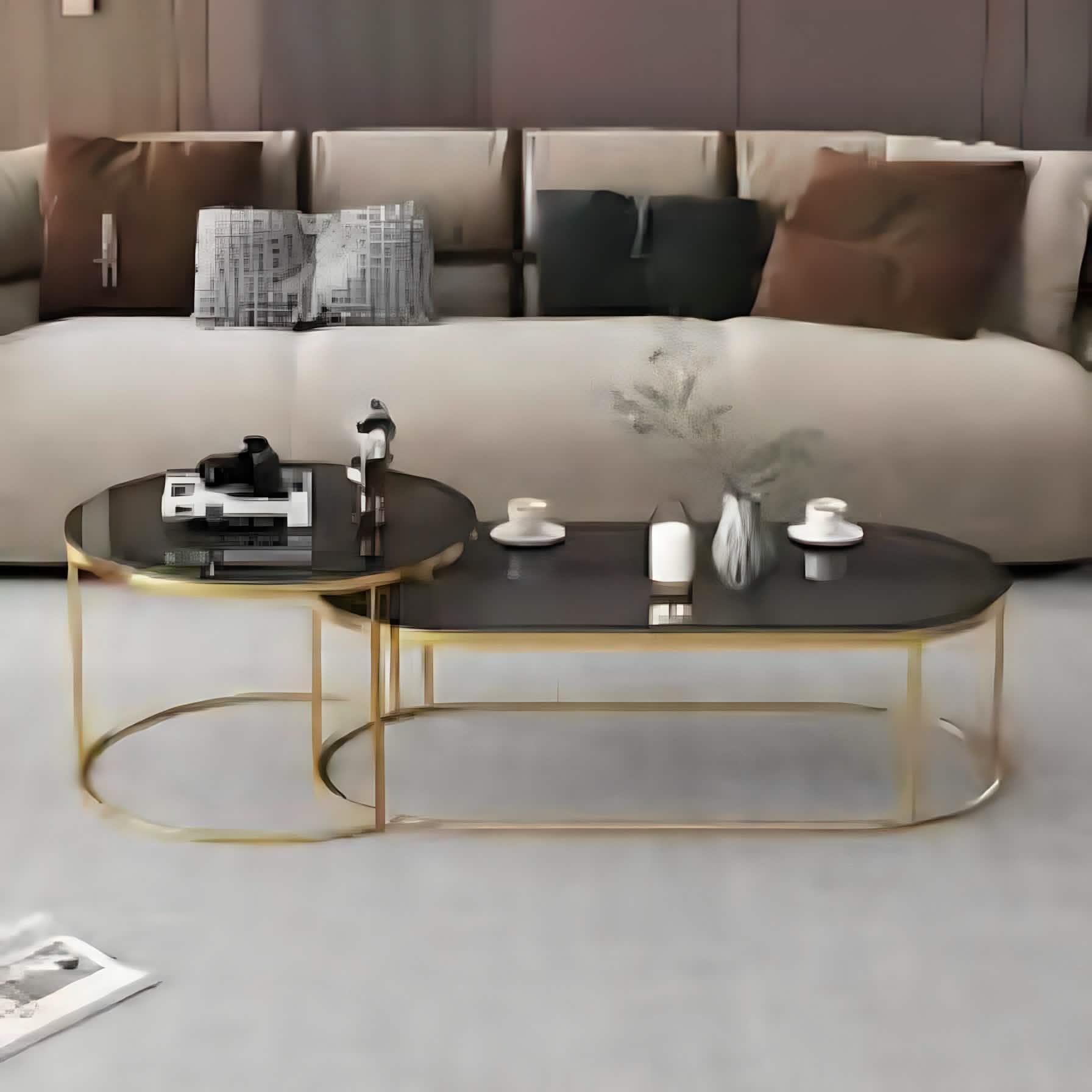 طقم ترابيزات قهوة متداخلة ستيل بسطح زجاج، قطعتين