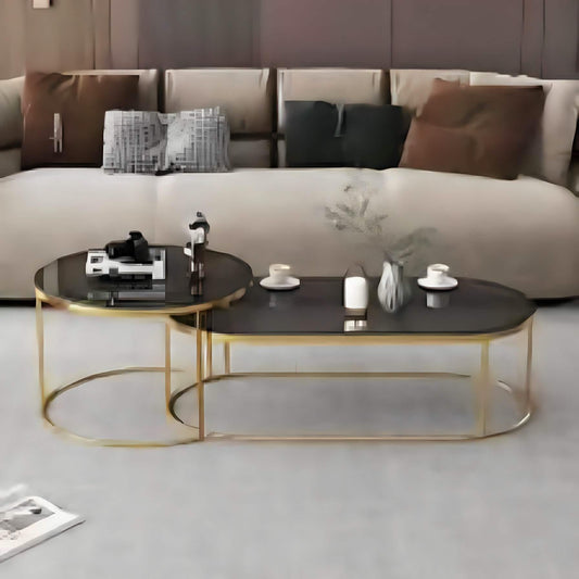 طقم ترابيزات قهوة متداخلة ستيل بسطح زجاج، قطعتين