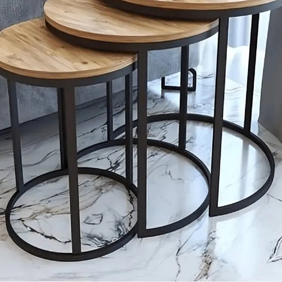 طقم ترابيزات جانبية متداخلة معدن بسطح خشب، 3 قطع