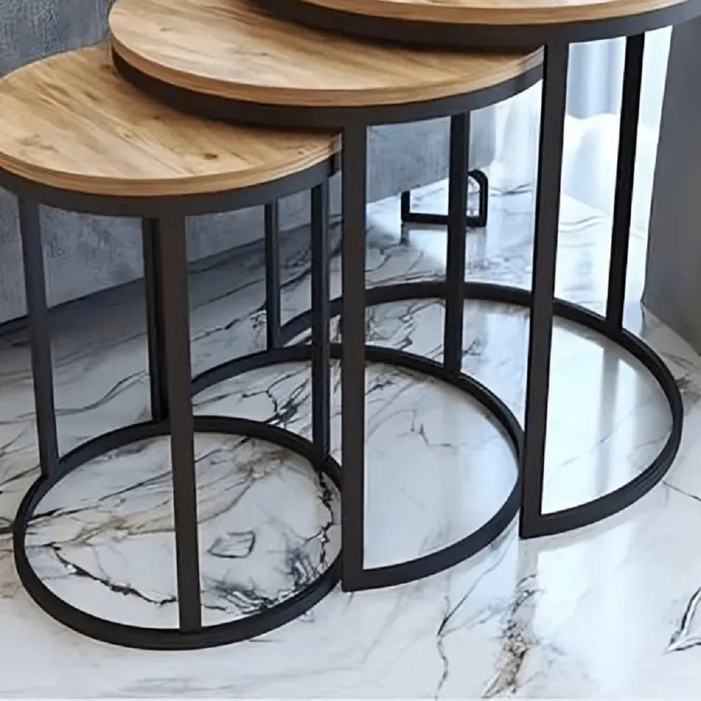 طقم ترابيزات جانبية متداخلة معدن بسطح خشب، 3 قطع