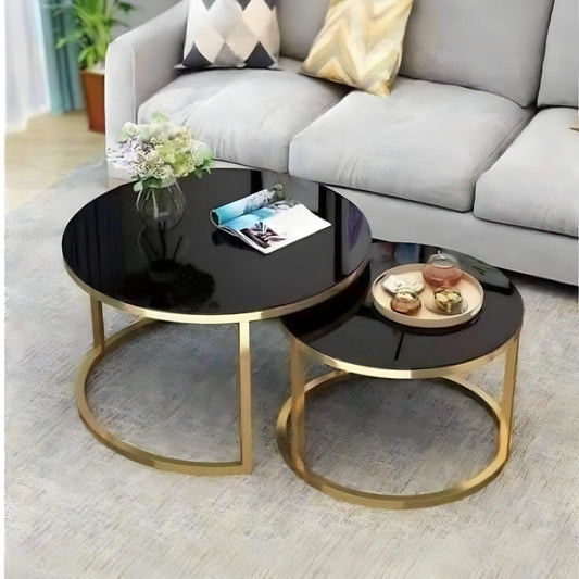 طقم ترابيزات قهوة متداخلة ستيل بسطح زجاج، قطعتين