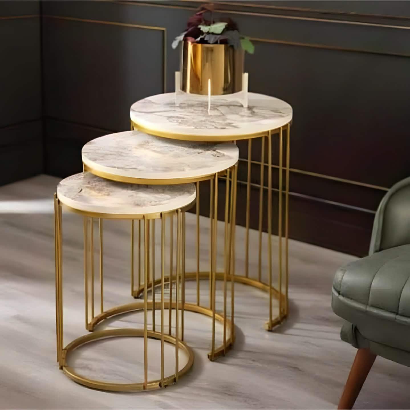 طقم ترابيزات ستيل بسطح رخام، 3 قطع