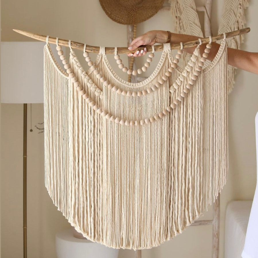 مكرمية حائط قطن وخشب طبيعي، 80*80 سم