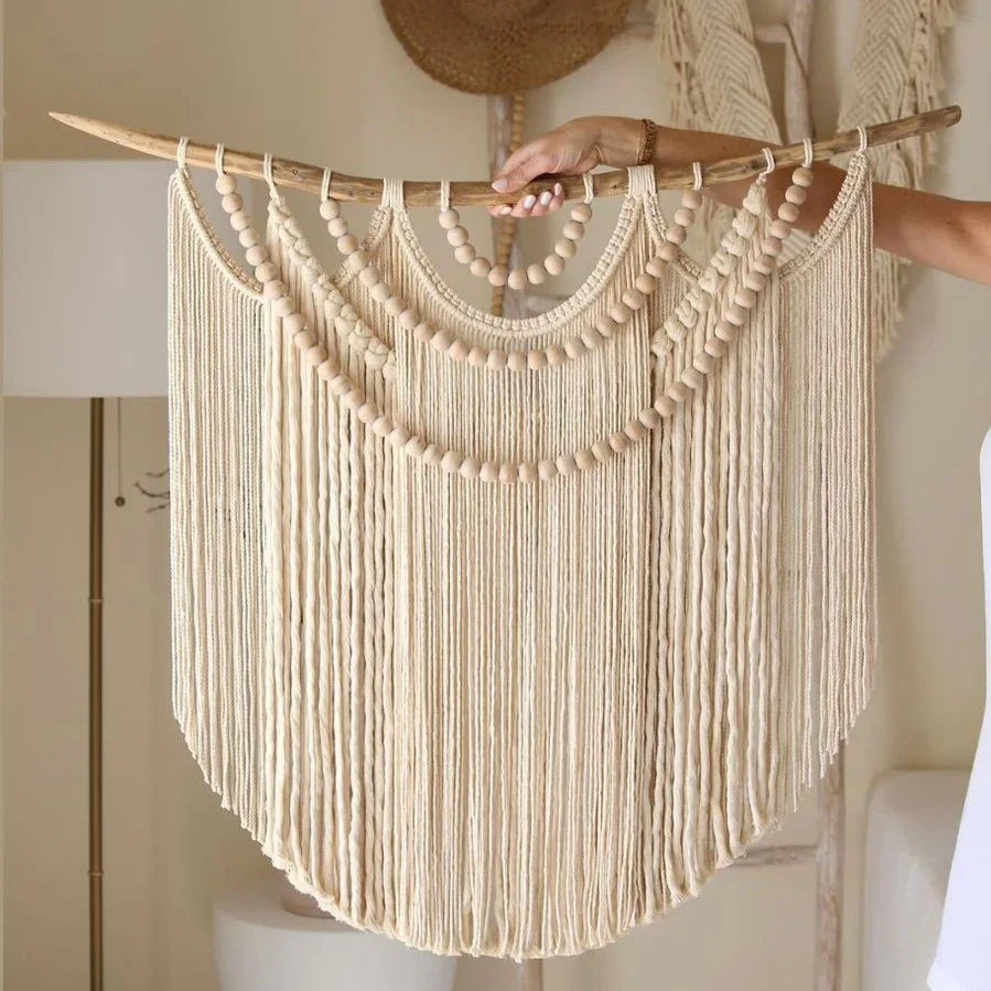 مكرمية حائط قطن وخشب طبيعي، 80*80 سم