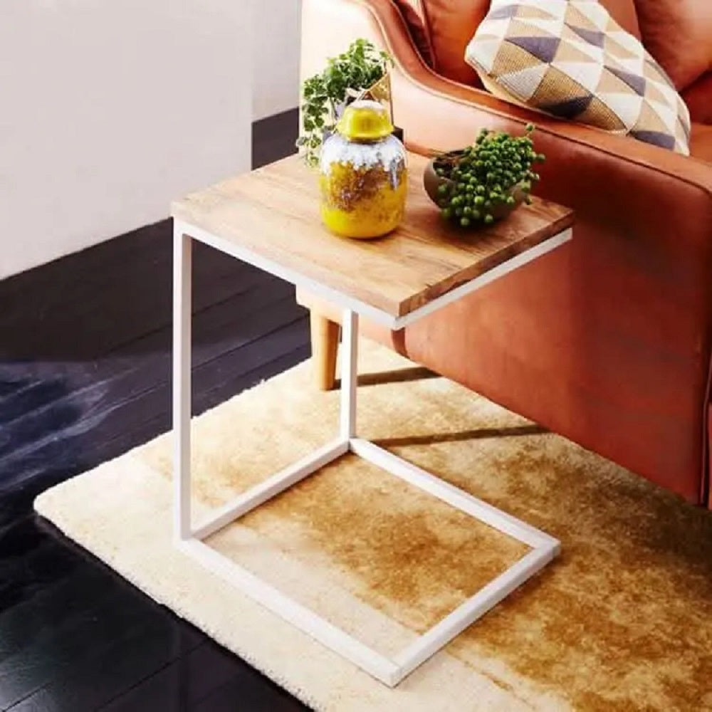 ترابيزة جانبية ستيل بسطح خشب، 40*40*50 سم