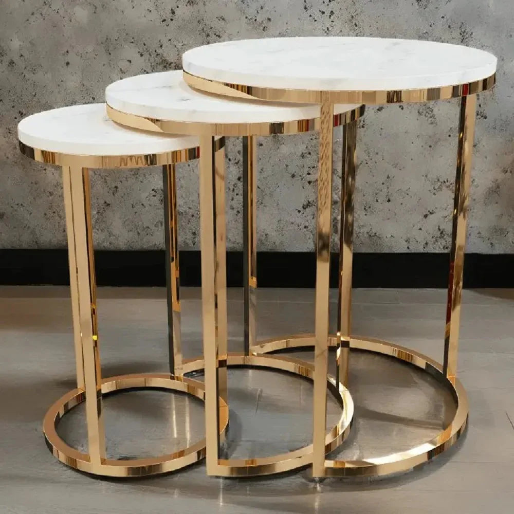 طقم ترابيزات جانبية متداخلة ستيل بسطح رخام، 3 قطع