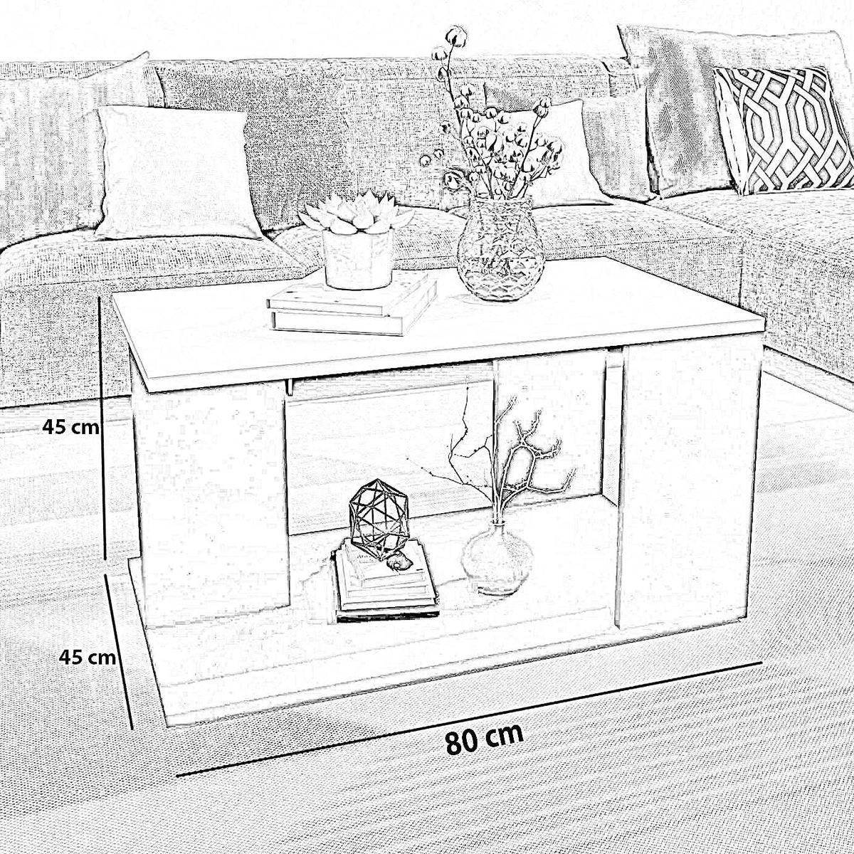 ترابيزة قهوة ام دي اف مستطيلة حديثة بلون ابيض مع سطح انيق وفتحات تخزين مفتوحة تصميم بسيط 80*45*45 سم
