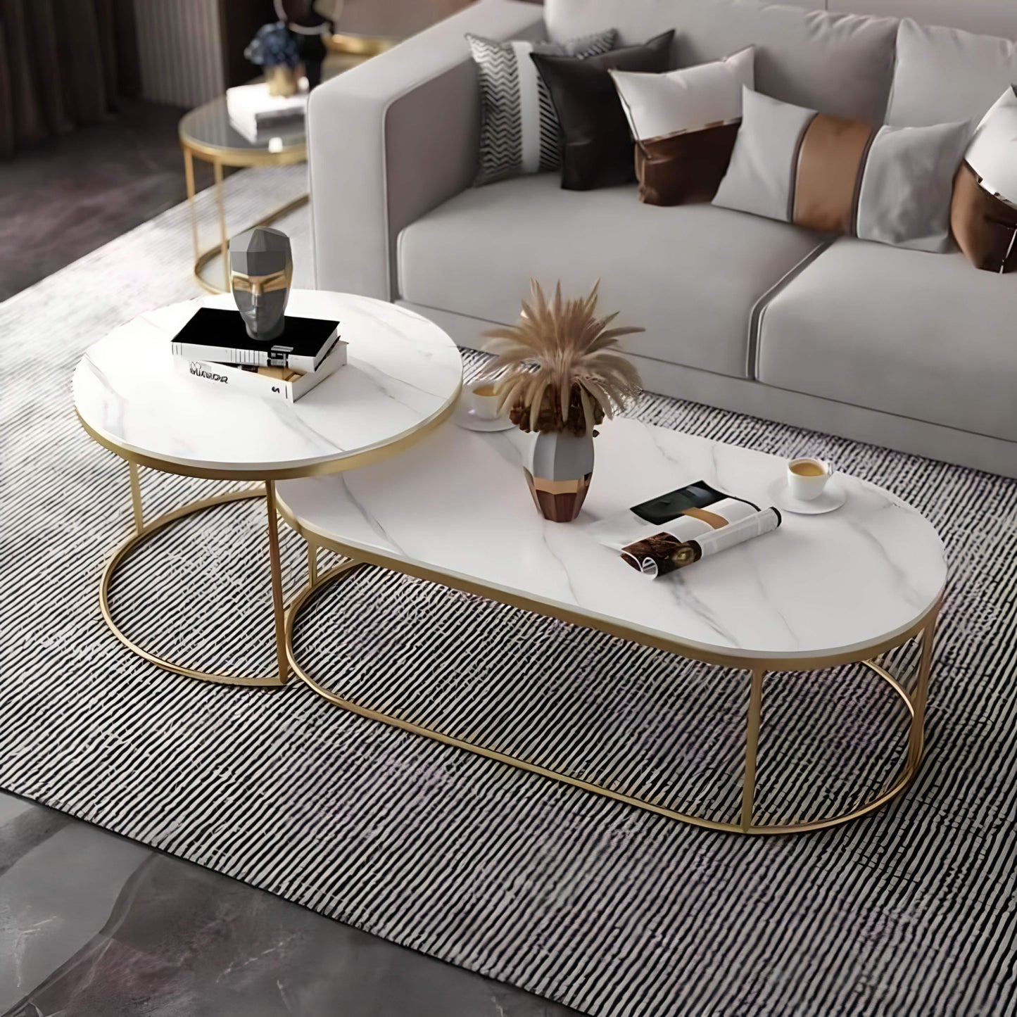 طقم ترابيزات قهوة متداخلة ستيل بسطح رخام، قطعتين