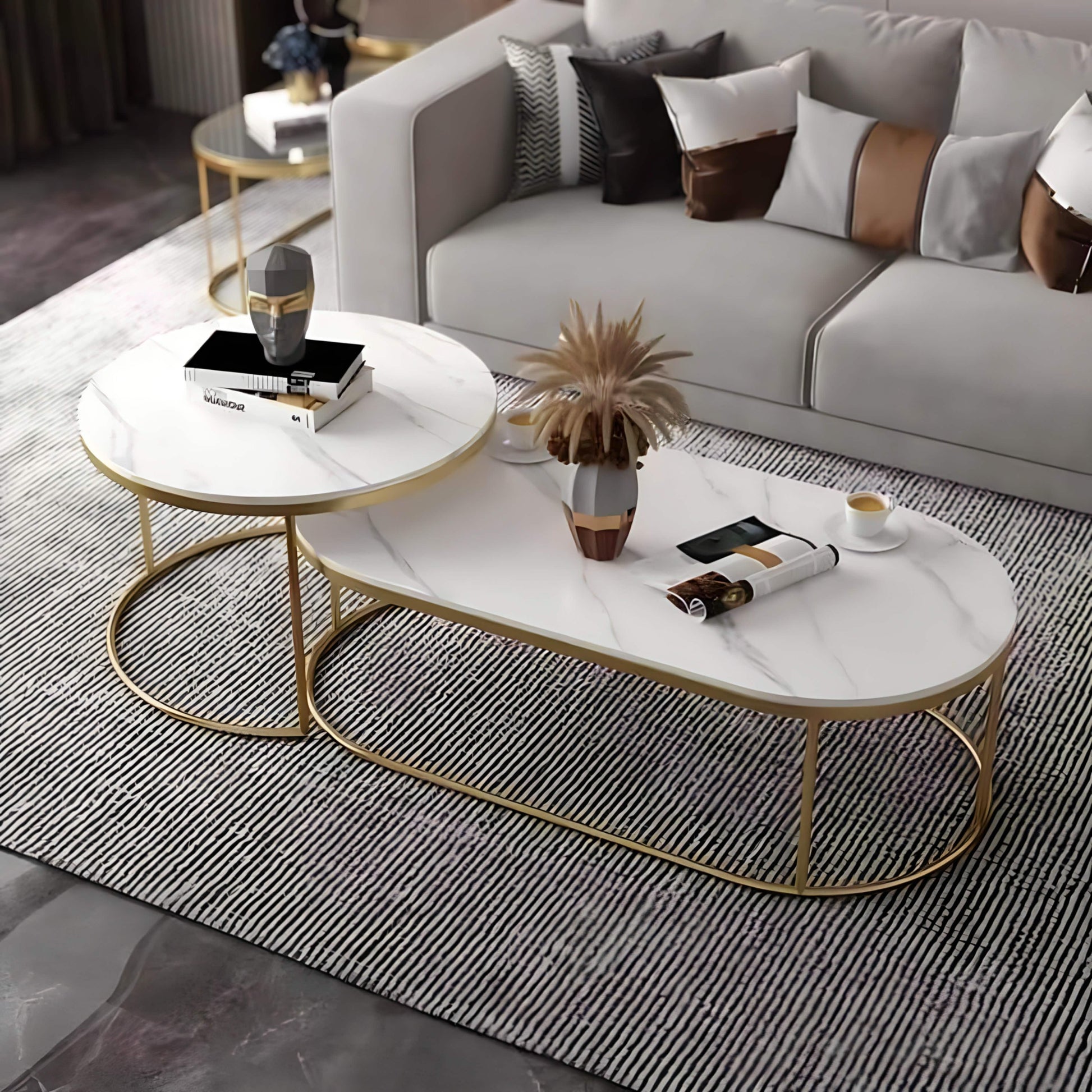 طقم ترابيزات قهوة متداخلة ستيل بسطح رخام، قطعتين