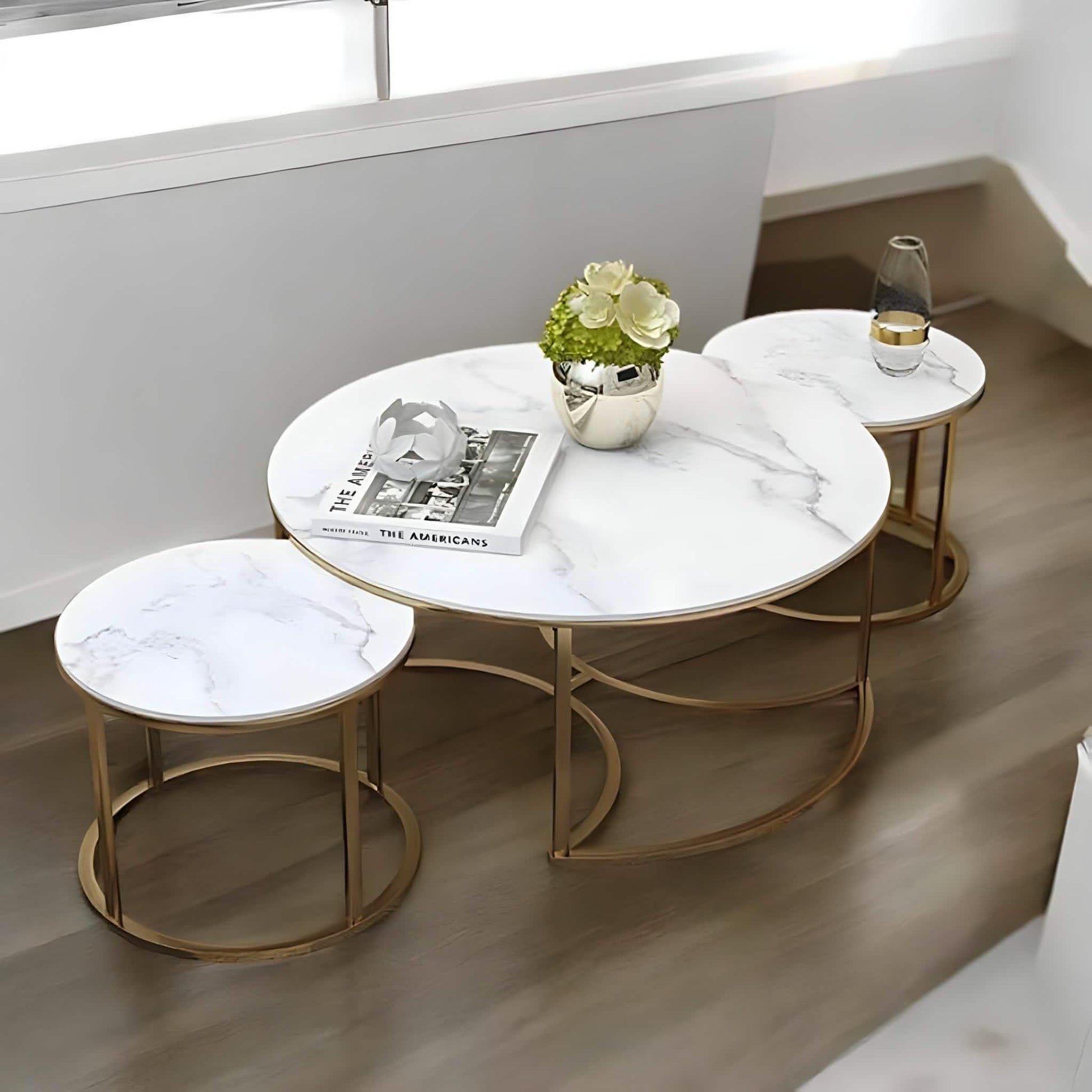 طقم ترابيزات قهوة متداخلة ستيل بسطح رخام، 3 قطع