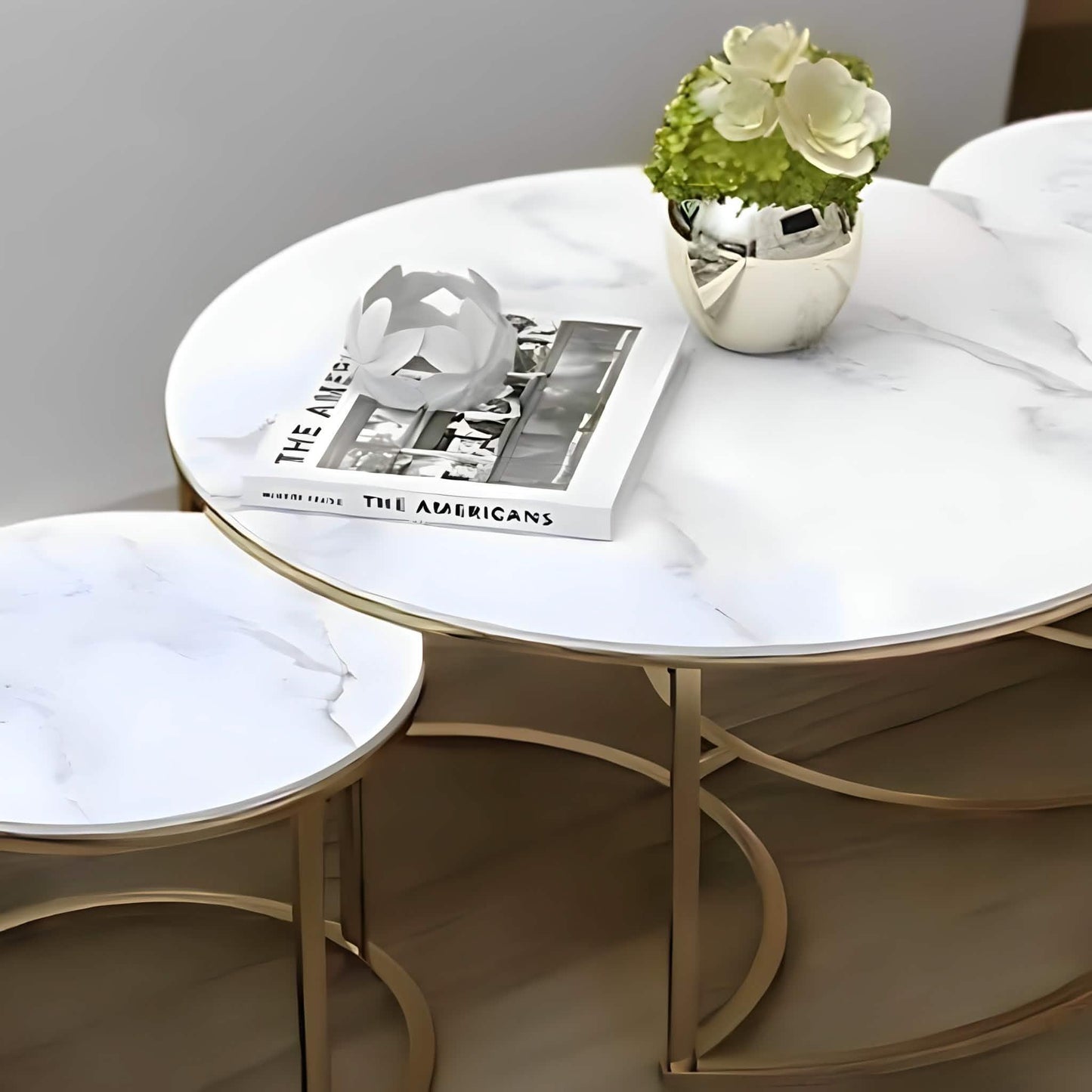 طقم ترابيزات قهوة متداخلة ستيل بسطح رخام، 3 قطع