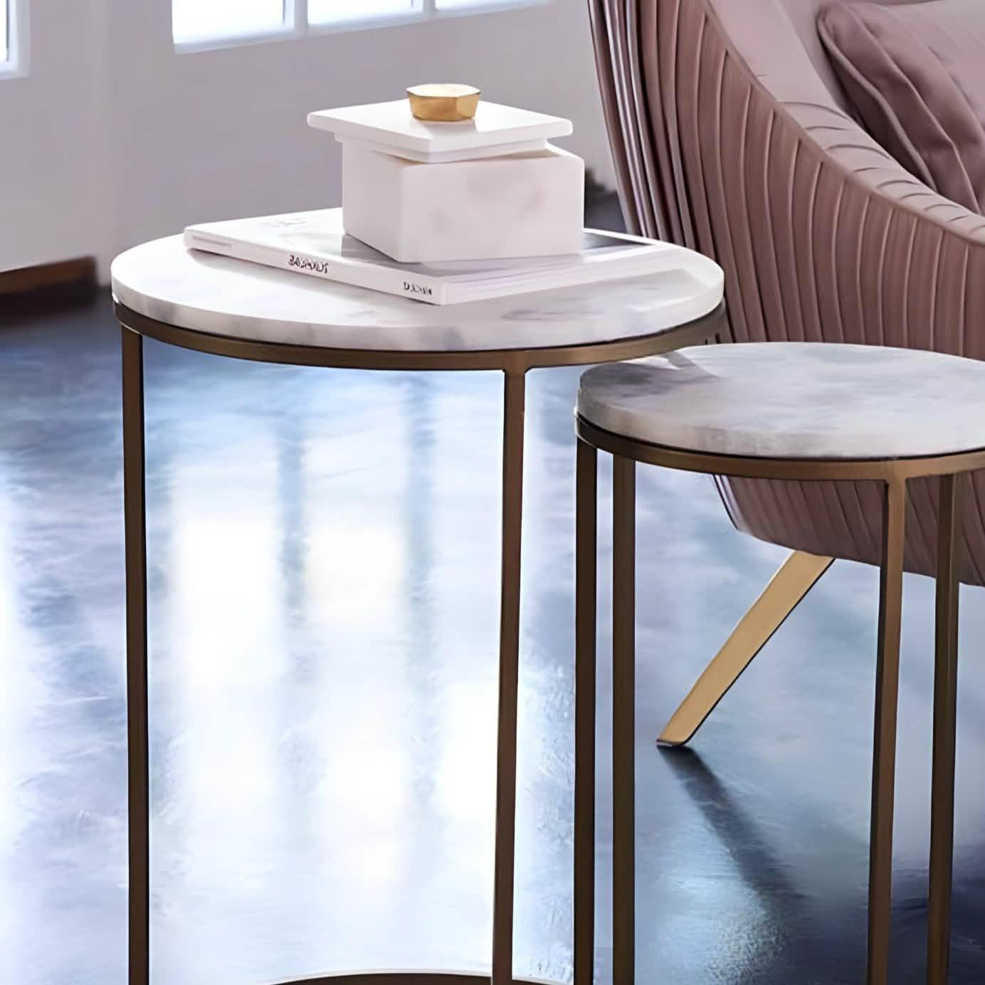 طقم ترابيزات جانبية متداخلة ستيل بسطح رخام، قطعتين