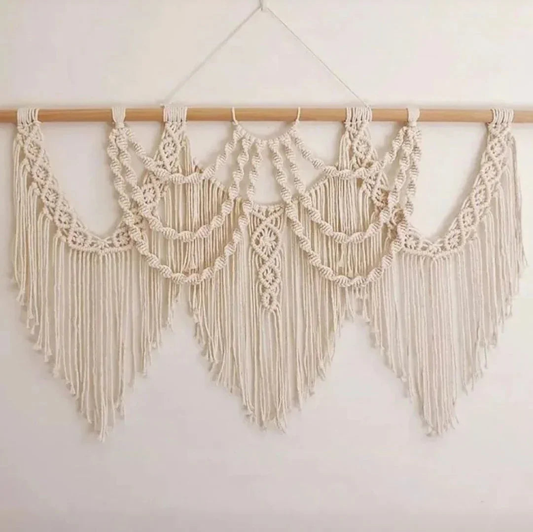 مكرمية حائط قطن وخشب طبيعي، 100*60 سم