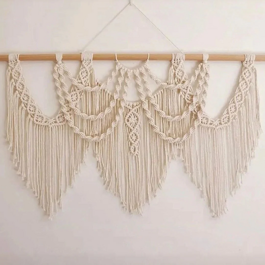 مكرمية حائط قطن وخشب طبيعي، 100*60 سم