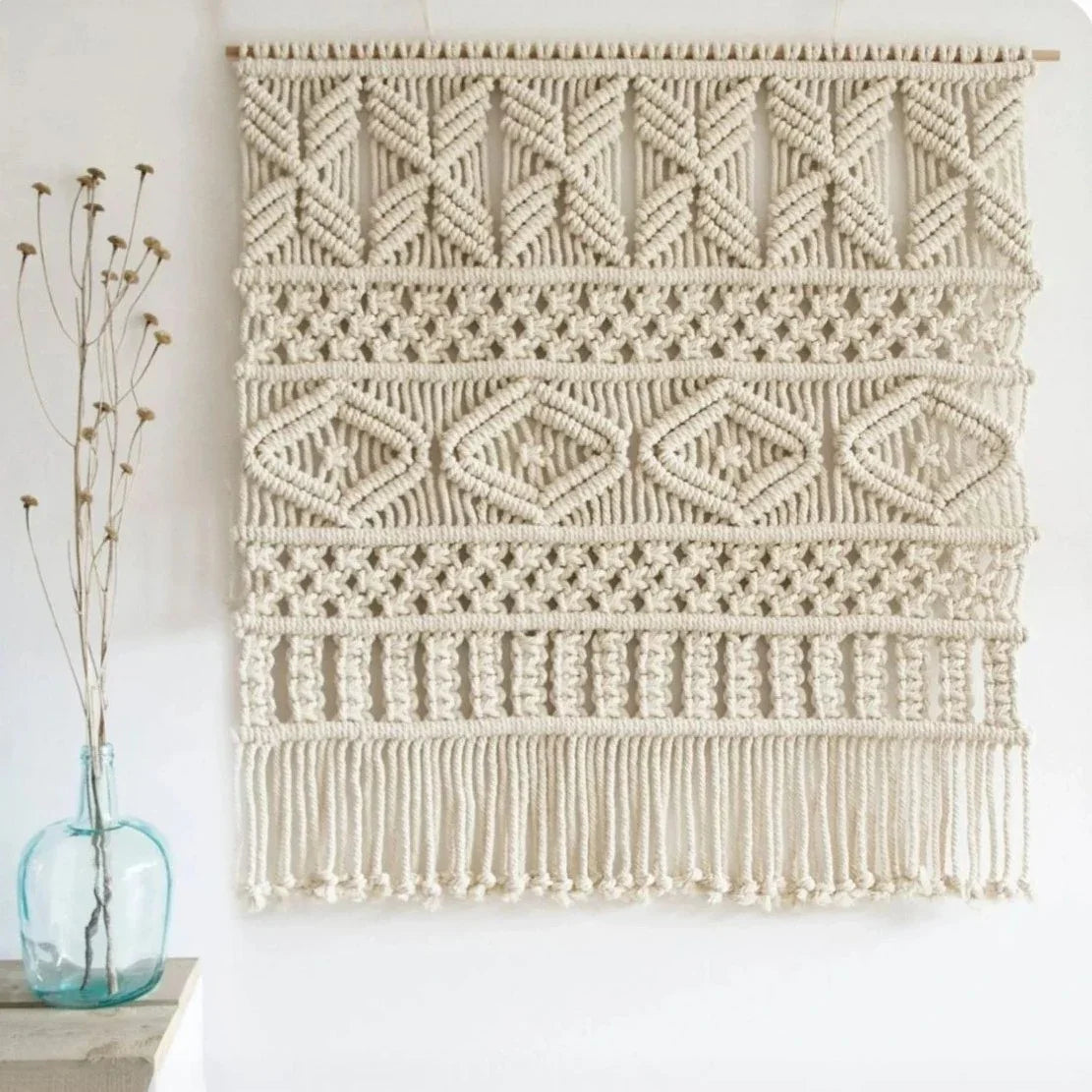 مكرمية حائط قطن وخشب طبيعي، 80*80 سم