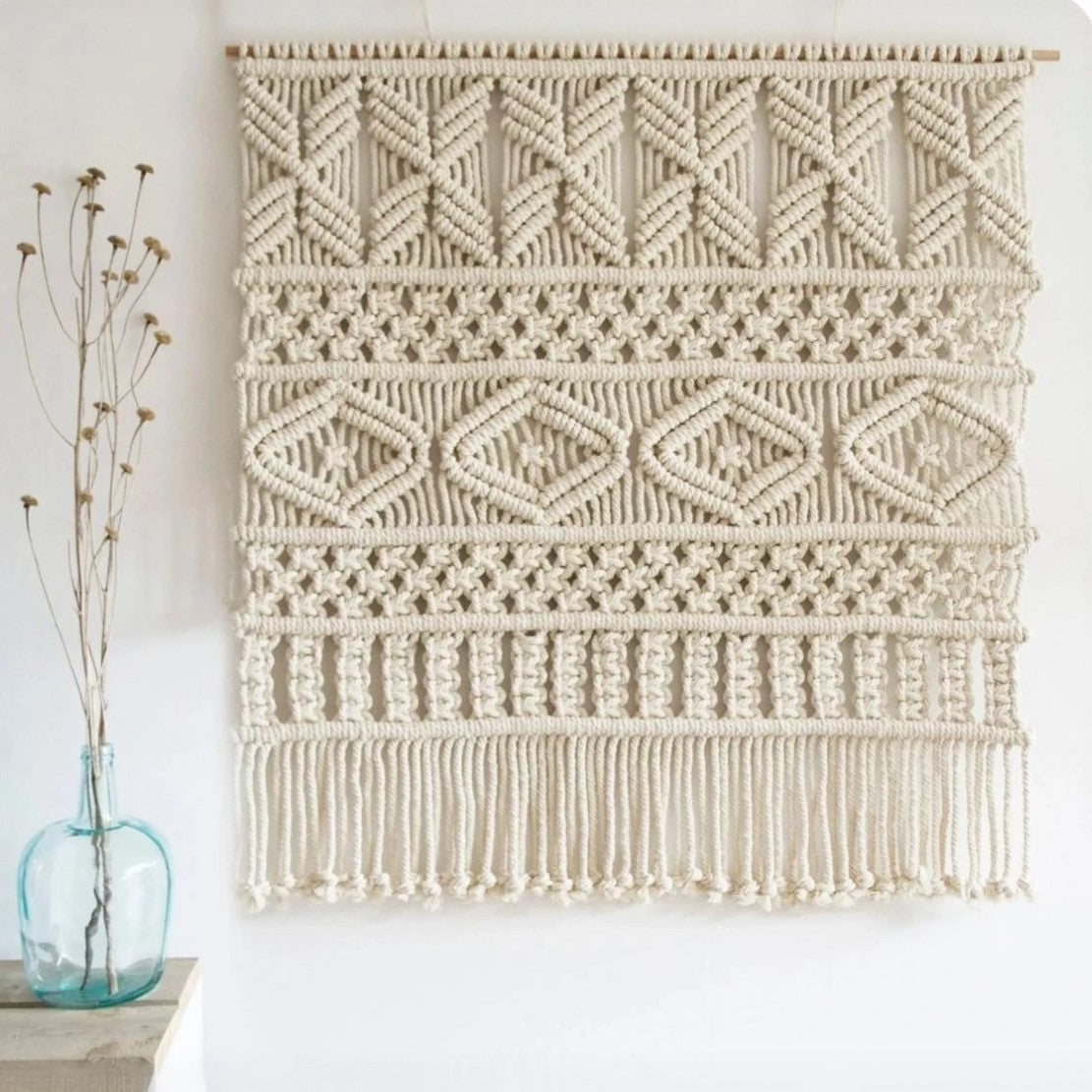 مكرمية حائط قطن وخشب طبيعي، 80*80 سم