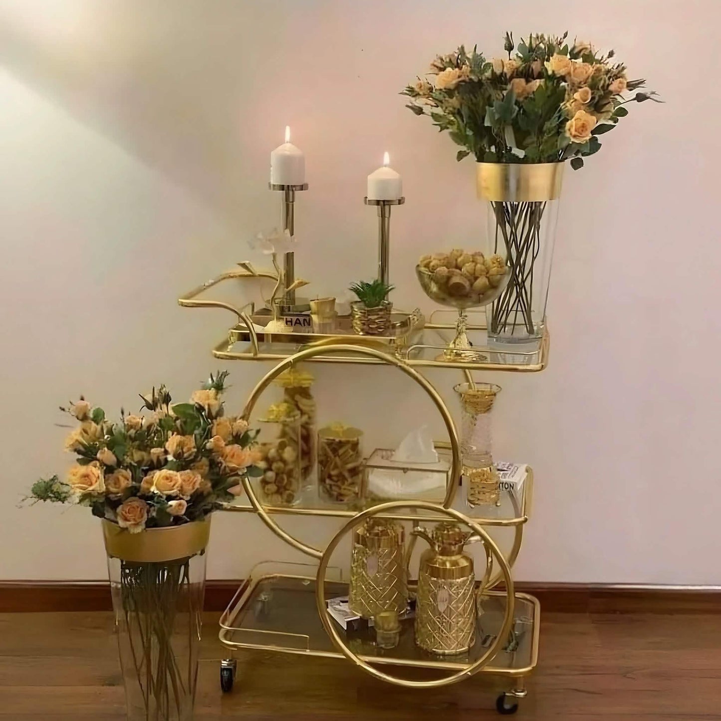 ترابيزة جانبية متحركة ستيل و زجاج، 80*40*75 سم