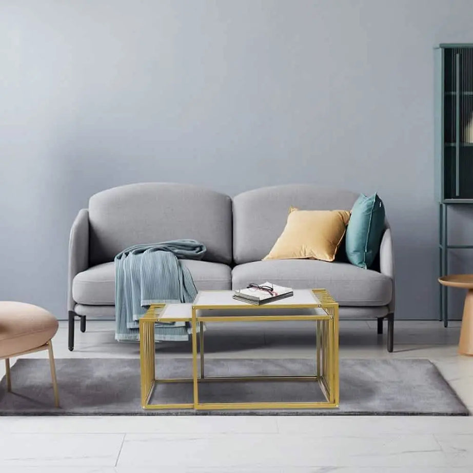 طقم ترابيزات قهوة ستيل ستيل بسطح رخام، قطعتين