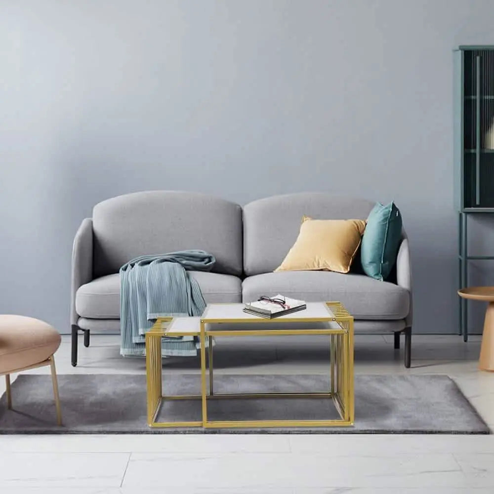 طقم ترابيزات قهوة ستيل ستيل بسطح رخام، قطعتين