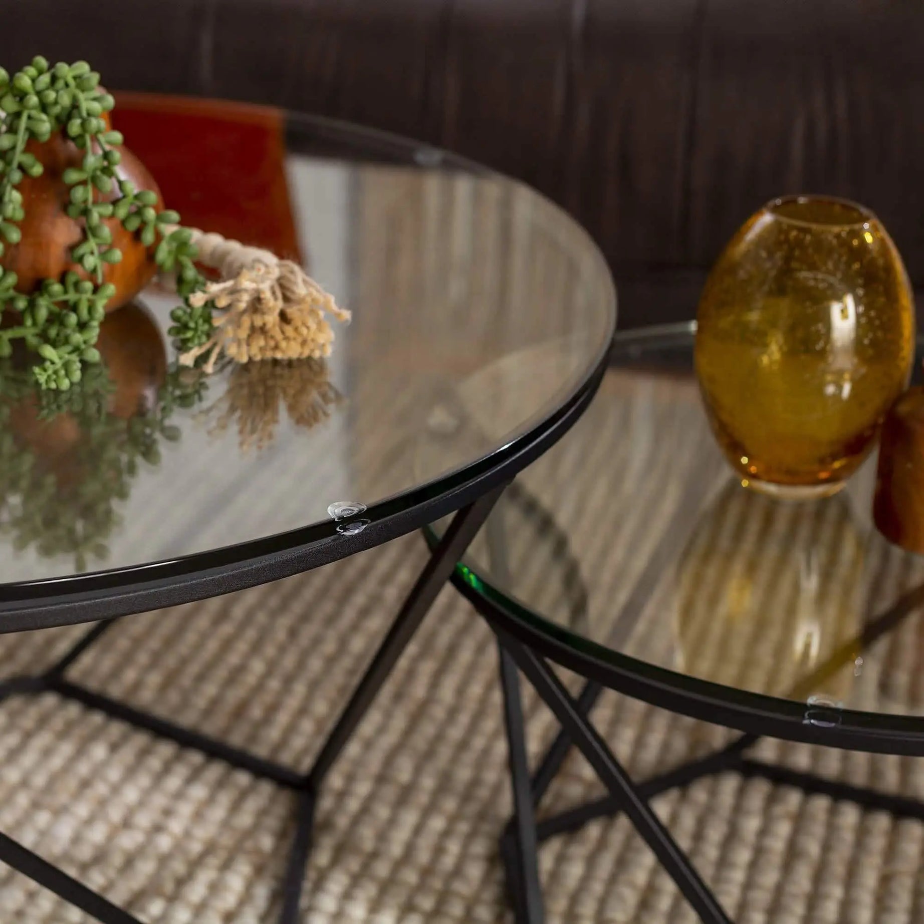 طقم ترابيزات قهوة متداخلة ستيل بسطح زجاج، قطعتين