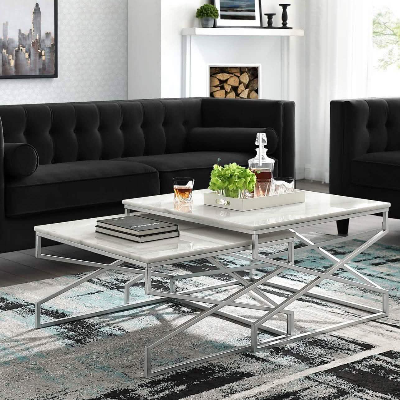 طقم ترابيزة قهوة متداخلة ستيل بسطح رخام، قطعتين