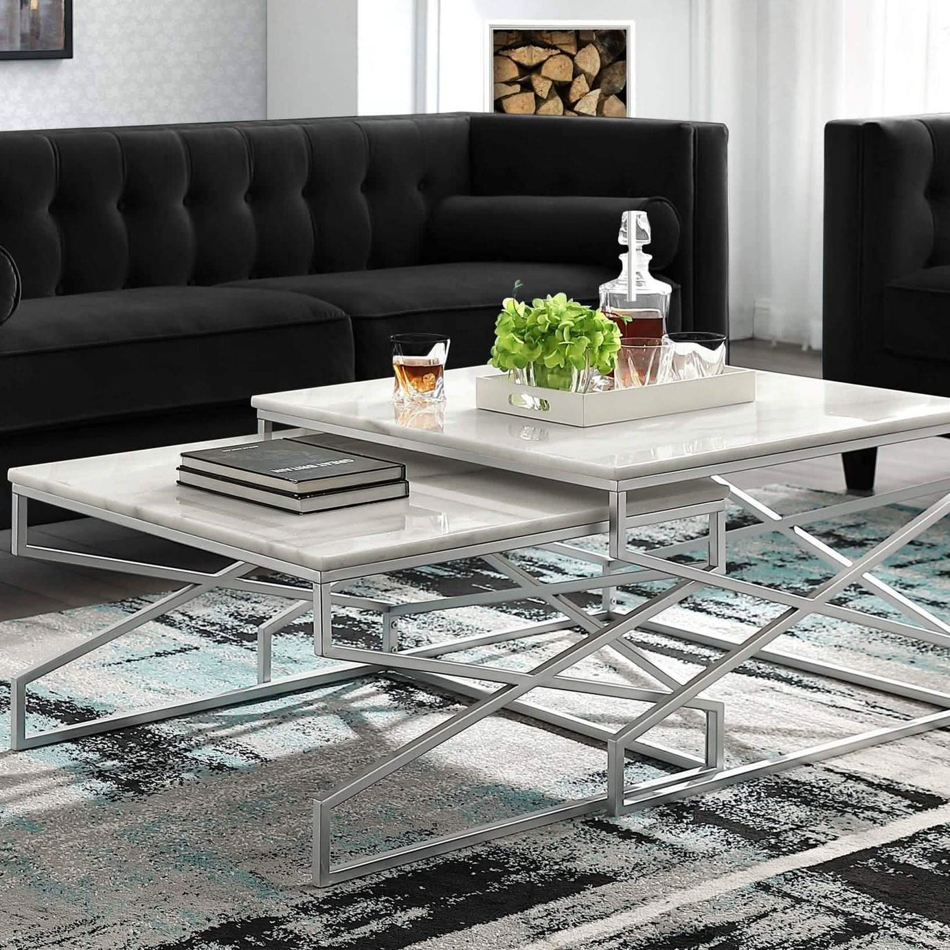 طقم ترابيزة قهوة متداخلة ستيل بسطح رخام، قطعتين