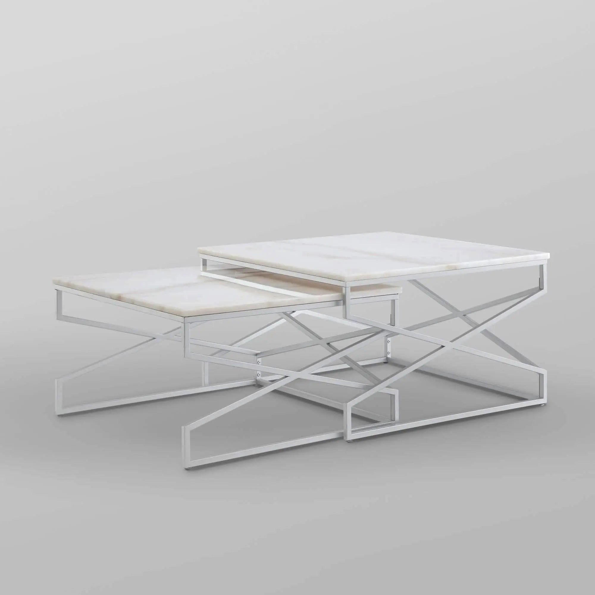 طقم ترابيزة قهوة متداخلة ستيل بسطح رخام، قطعتين