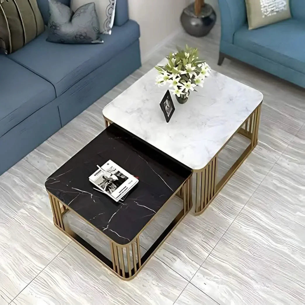 طقم ترابيزات قهوة متداخلة معدن بسطح رخام، قطعتين