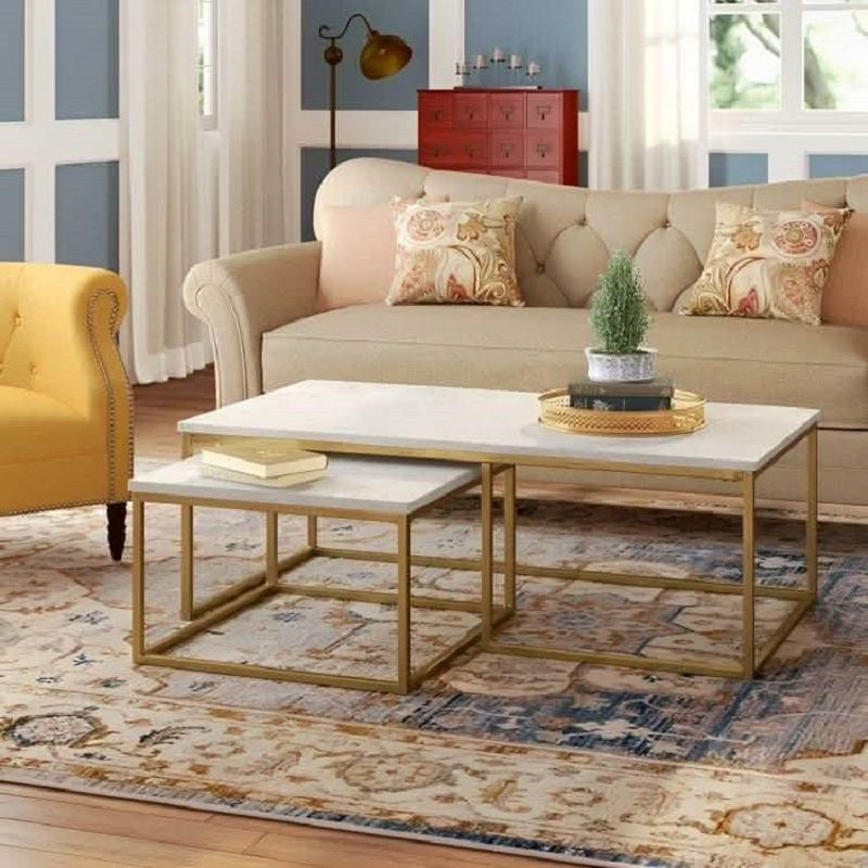 طقم ترابيزات قهوة متداخلة ستيل بسطح رخام، قطعتين