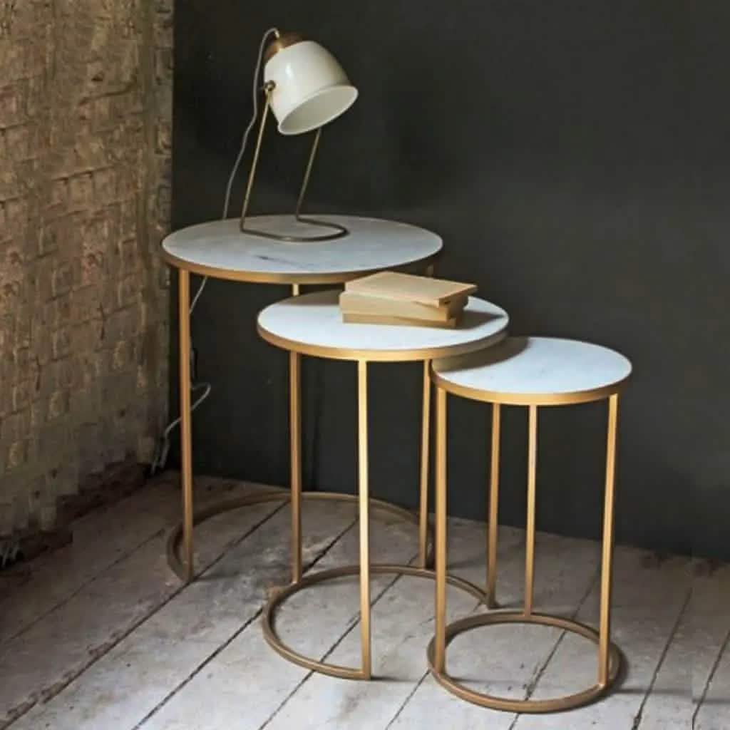 طقم ترابيزات جانبية متداخلة معدن بسطح رخام، 3 قطع