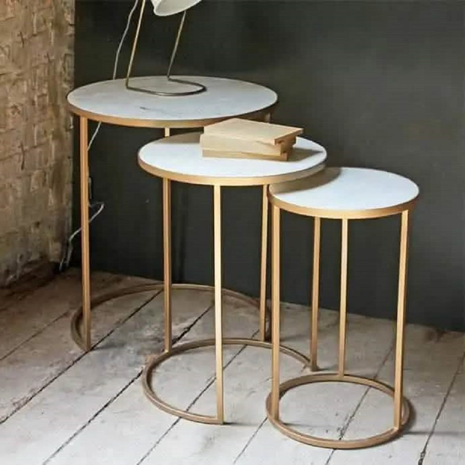 طقم ترابيزات جانبية متداخلة معدن بسطح رخام، 3 قطع