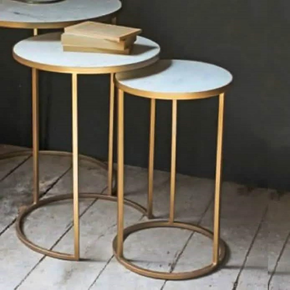 طقم ترابيزات جانبية متداخلة معدن بسطح رخام، 3 قطع