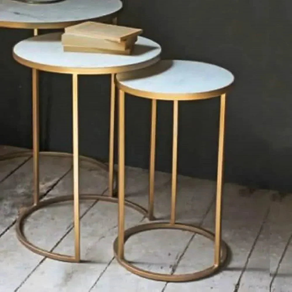 طقم ترابيزات جانبية متداخلة معدن بسطح رخام، 3 قطع