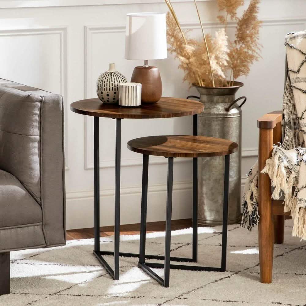 طقم ترابيزات جانبية متداخلة ستيل وام دي اف، قطعتين