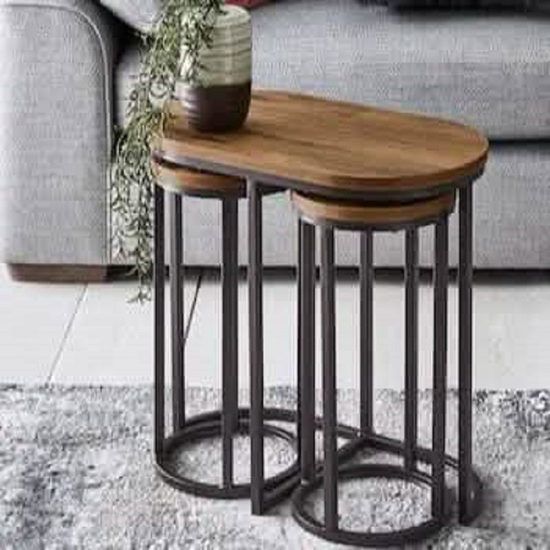 طقم ترابيزات جانبية معدن بسطح خشب، 3 قطع